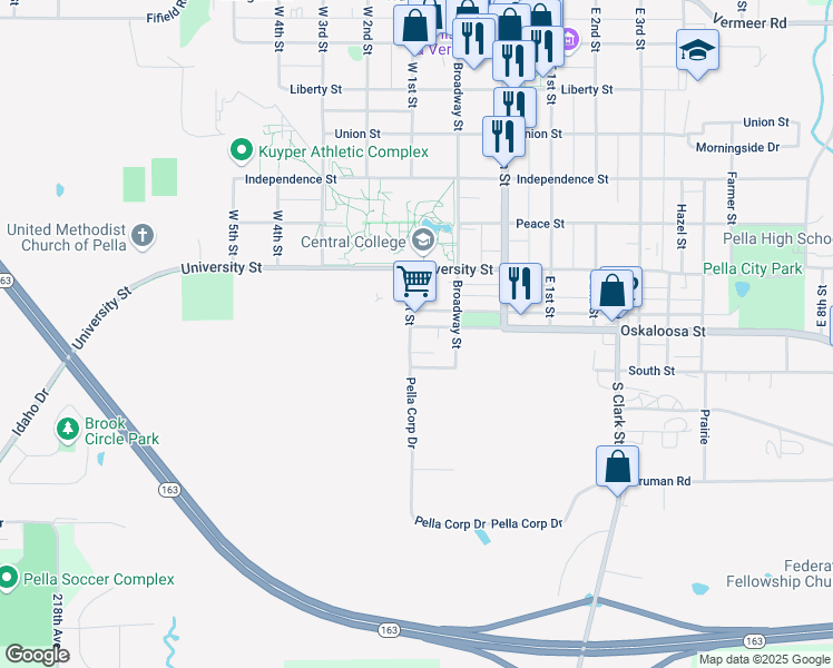 map of restaurants, bars, coffee shops, grocery stores, and more near 125 West 1st Street in Pella