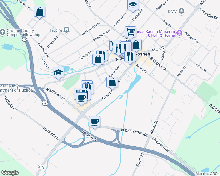 map of restaurants, bars, coffee shops, grocery stores, and more near 248 Greenwich Avenue in Goshen
