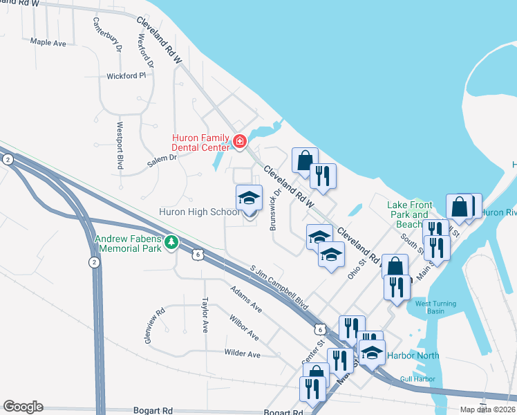 map of restaurants, bars, coffee shops, grocery stores, and more near 710 Cleveland Road West in Huron