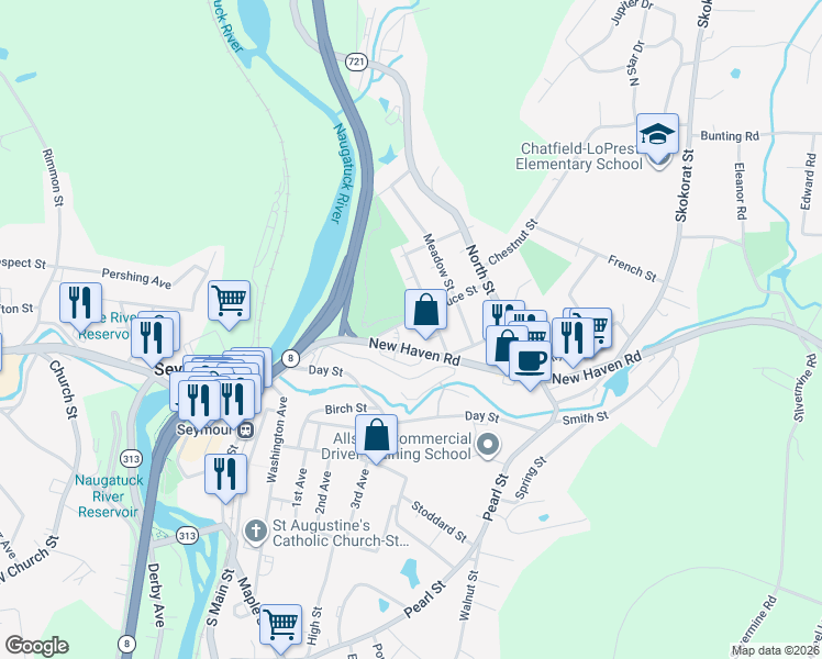 map of restaurants, bars, coffee shops, grocery stores, and more near 73 Spruce Street in Seymour