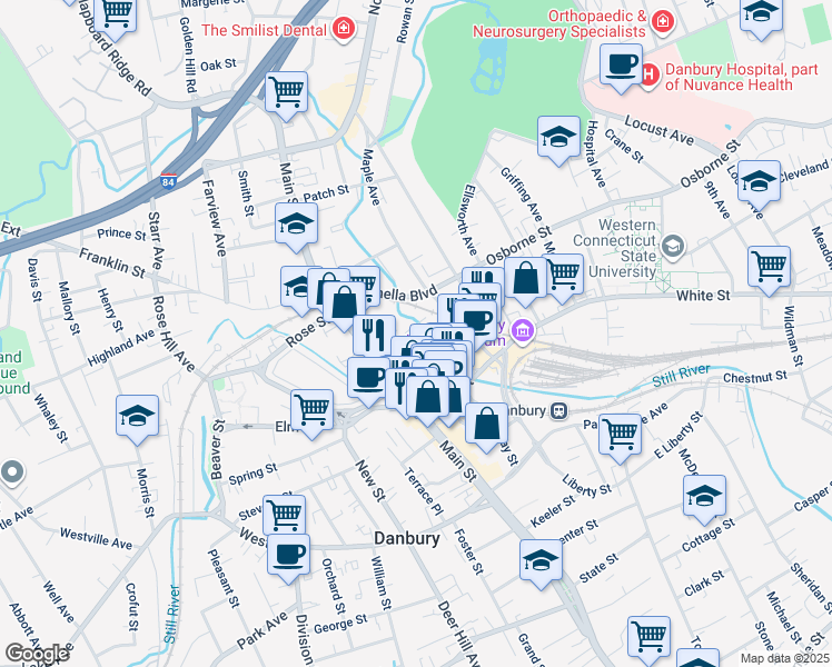 map of restaurants, bars, coffee shops, grocery stores, and more near 339 Main Street in Danbury