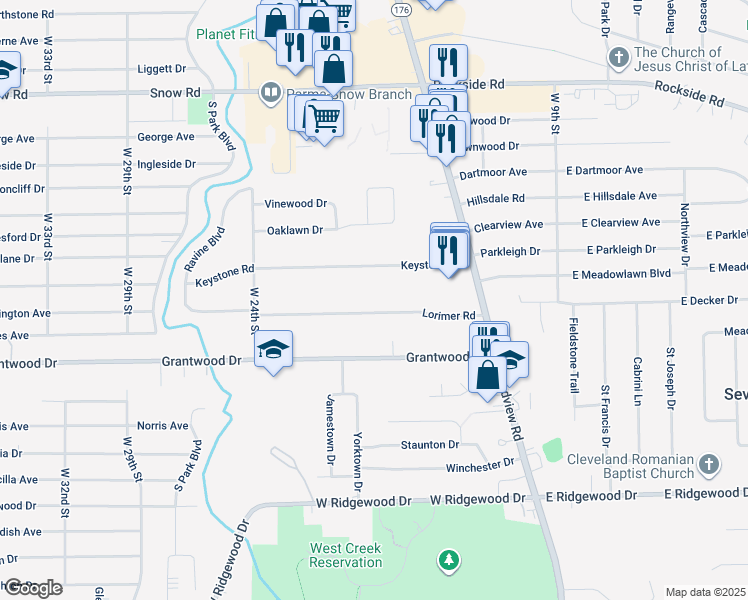map of restaurants, bars, coffee shops, grocery stores, and more near 1904 Lorimer Road in Parma