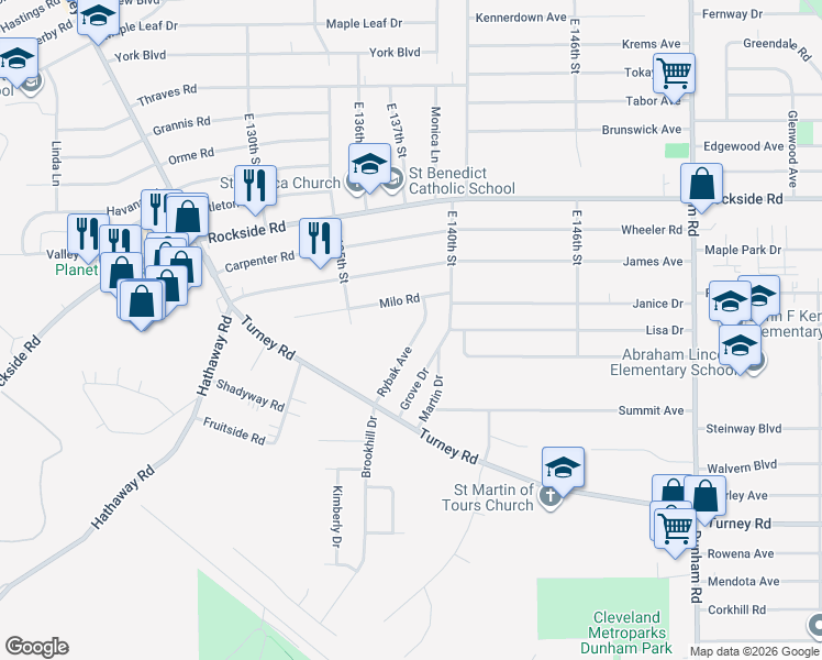 map of restaurants, bars, coffee shops, grocery stores, and more near 13723 Rybak Avenue in Garfield Heights