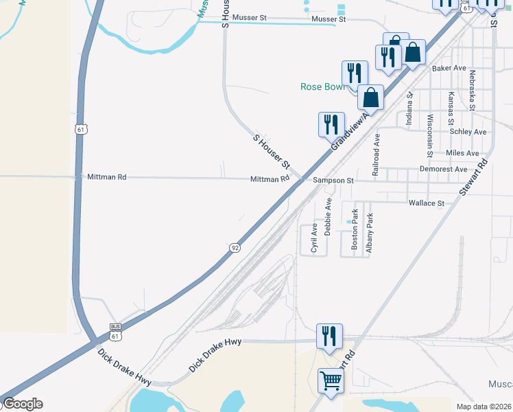 map of restaurants, bars, coffee shops, grocery stores, and more near 1925 Grandview Avenue in Muscatine