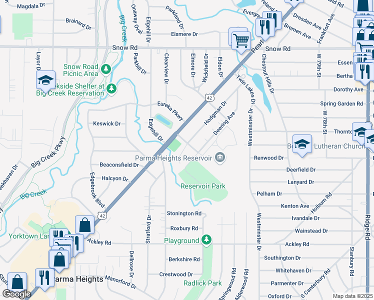 map of restaurants, bars, coffee shops, grocery stores, and more near 6041 Creekside Drive in Parma Heights