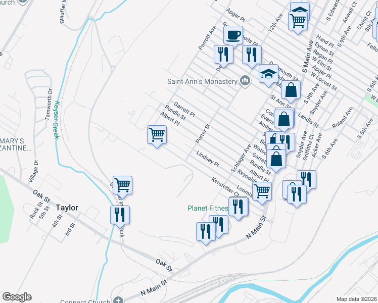 map of restaurants, bars, coffee shops, grocery stores, and more near 1302 Loomis Avenue in Scranton