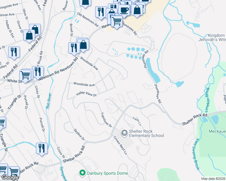 map of restaurants, bars, coffee shops, grocery stores, and more near 8 Garry Knolls in Danbury
