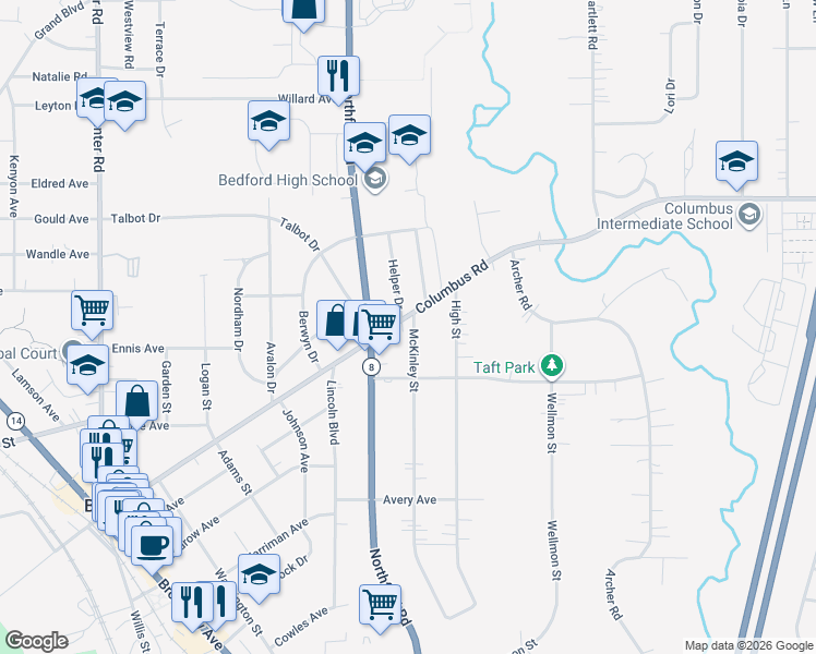 map of restaurants, bars, coffee shops, grocery stores, and more near 384 Columbus Road in Bedford