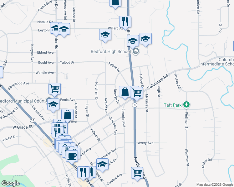 map of restaurants, bars, coffee shops, grocery stores, and more near 285 Marion Drive in Bedford
