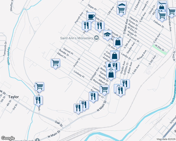 map of restaurants, bars, coffee shops, grocery stores, and more near 1217 Rundle St in Scranton