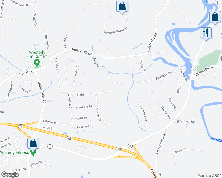 map of restaurants, bars, coffee shops, grocery stores, and more near 21 Berry Drive in Westerly