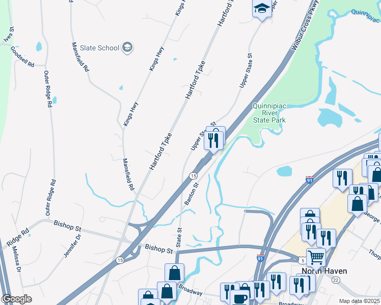 map of restaurants, bars, coffee shops, grocery stores, and more near 23 Upper State Street in North Haven