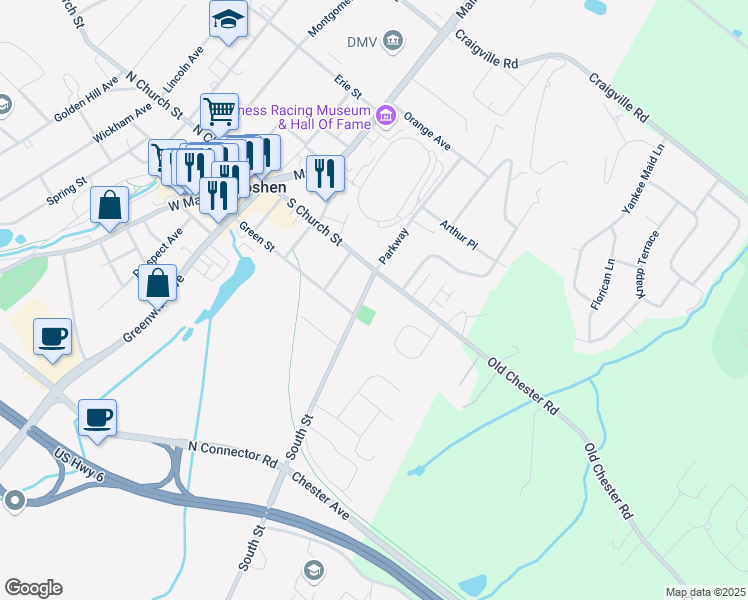 map of restaurants, bars, coffee shops, grocery stores, and more near 1 South Street in Goshen