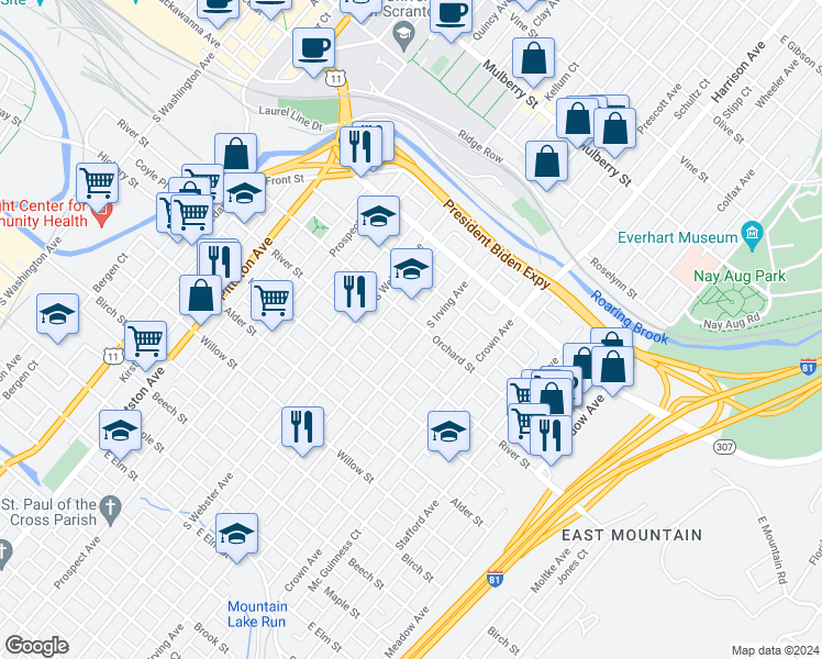 map of restaurants, bars, coffee shops, grocery stores, and more near 226 South Irving Avenue in Scranton