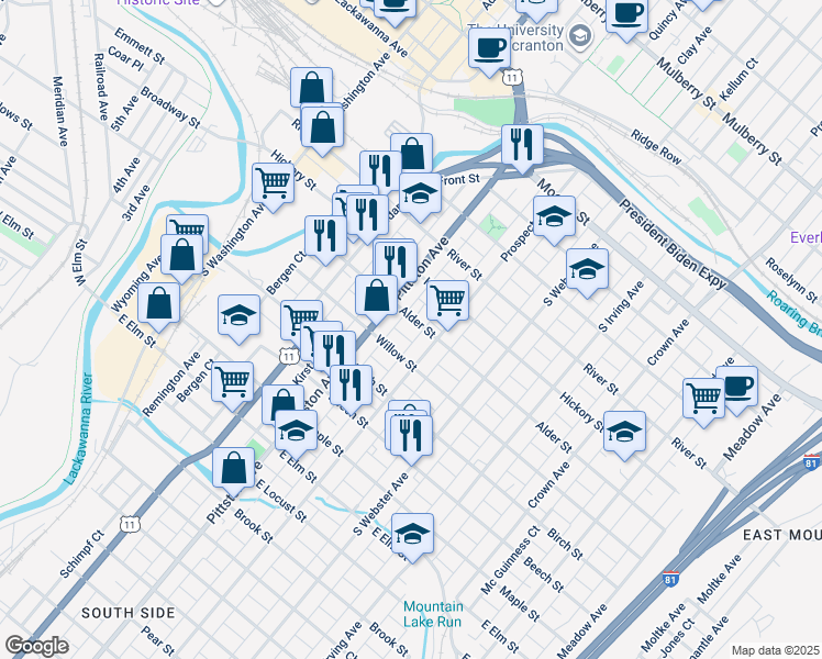 map of restaurants, bars, coffee shops, grocery stores, and more near 524 Alder Street in Scranton