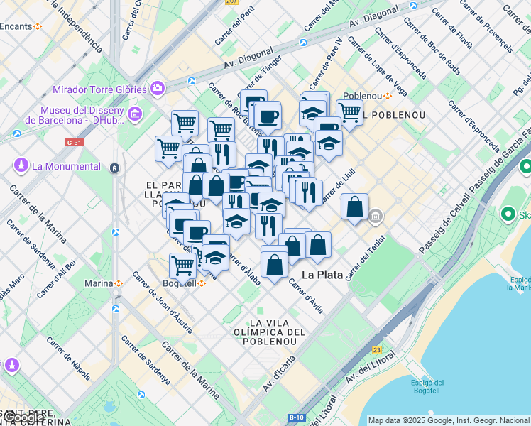 map of restaurants, bars, coffee shops, grocery stores, and more near 101 Carrer de Pujades in Barcelona