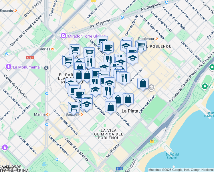 map of restaurants, bars, coffee shops, grocery stores, and more near 101 Carrer de Pujades in Barcelona