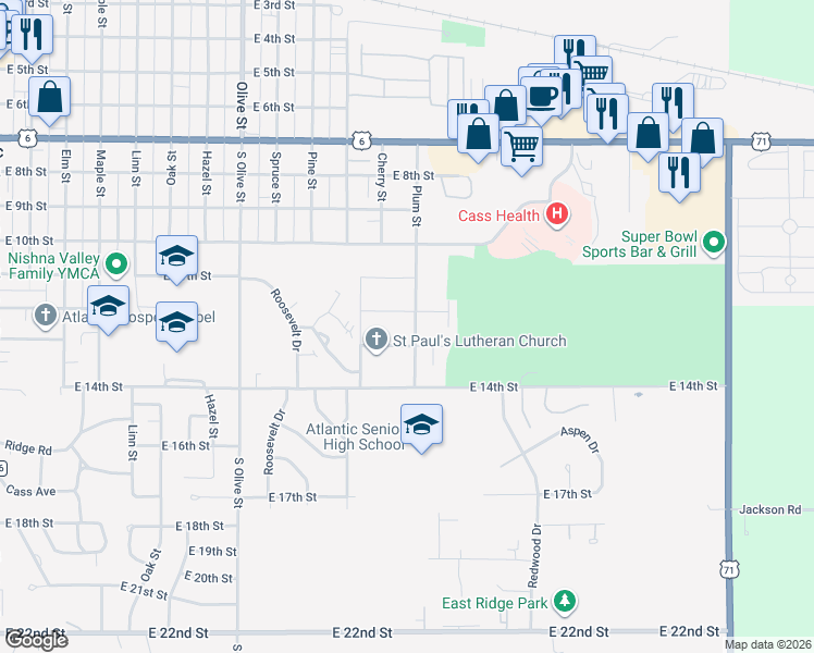 map of restaurants, bars, coffee shops, grocery stores, and more near 1203 Plum Street in Atlantic