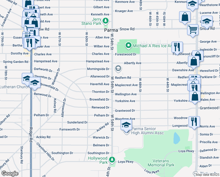 map of restaurants, bars, coffee shops, grocery stores, and more near 6054 West 54th Street in Parma