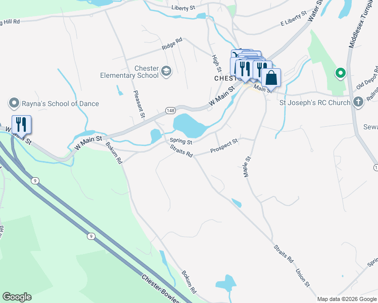 map of restaurants, bars, coffee shops, grocery stores, and more near 25 Straits Road in Chester