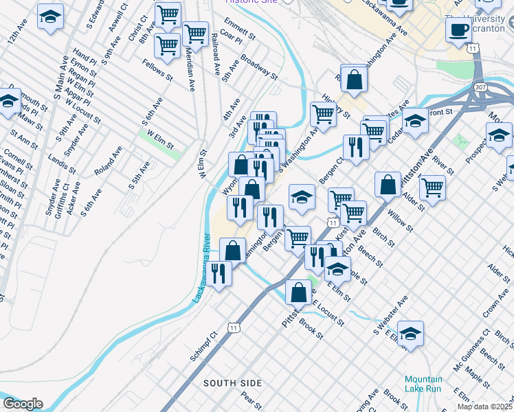 map of restaurants, bars, coffee shops, grocery stores, and more near 214 S Maple St in Scranton