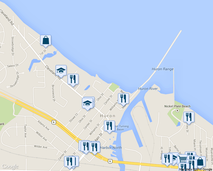 map of restaurants, bars, coffee shops, grocery stores, and more near 111 Ohio Street in Huron