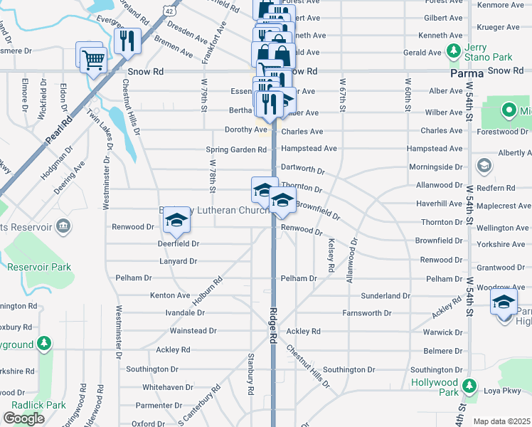 map of restaurants, bars, coffee shops, grocery stores, and more near 6050 Ridge Road in Parma
