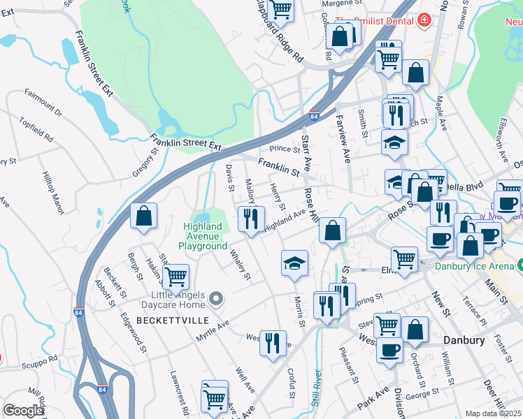 map of restaurants, bars, coffee shops, grocery stores, and more near 13 Mallory St in Danbury