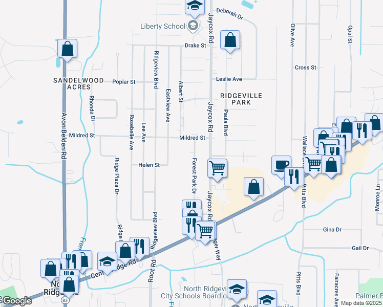 map of restaurants, bars, coffee shops, grocery stores, and more near 6248 Forest Park Dr in North Ridgeville