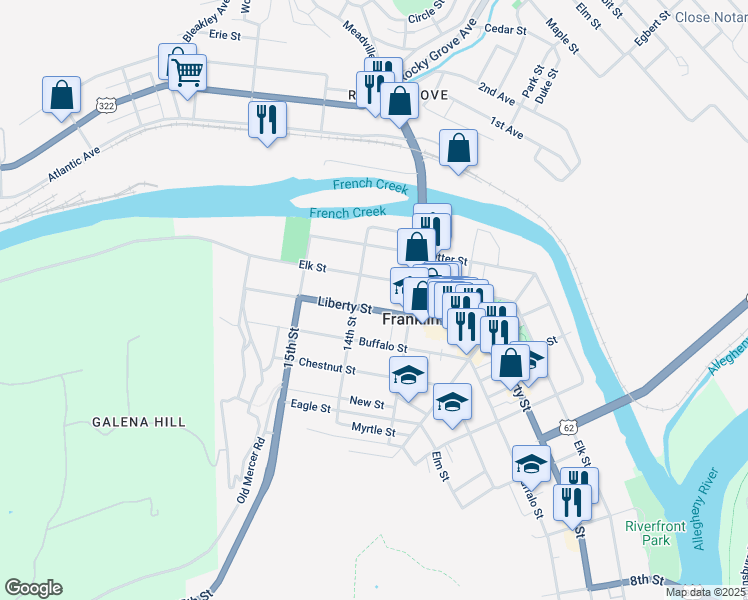 map of restaurants, bars, coffee shops, grocery stores, and more near 1330 Liberty Street in Franklin
