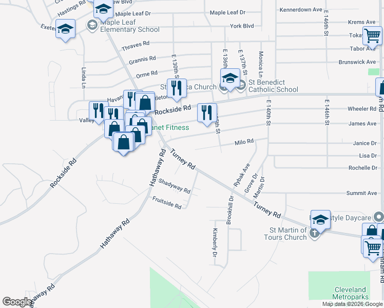 map of restaurants, bars, coffee shops, grocery stores, and more near 12850 Milo Road in Garfield Heights