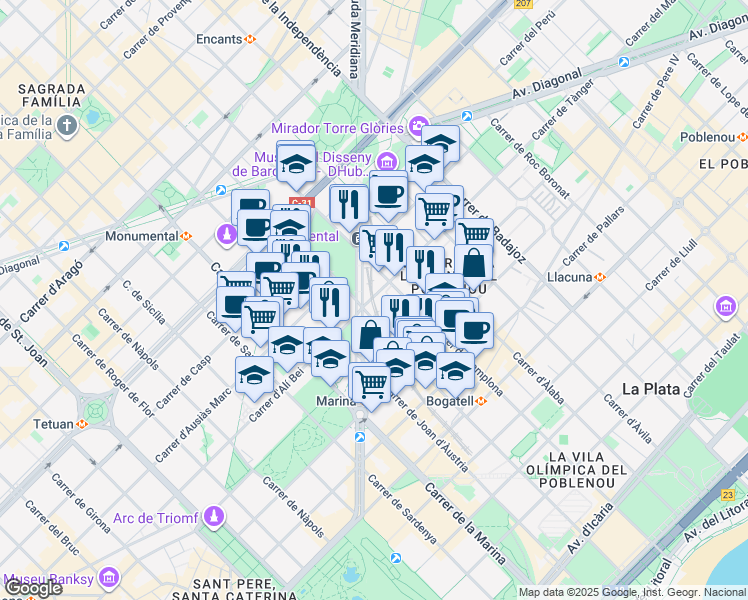 map of restaurants, bars, coffee shops, grocery stores, and more near 8 Carrer de Tànger in Barcelona