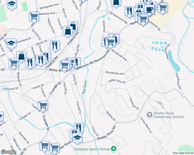 map of restaurants, bars, coffee shops, grocery stores, and more near 12A Old Shelter Rock Road in Danbury
