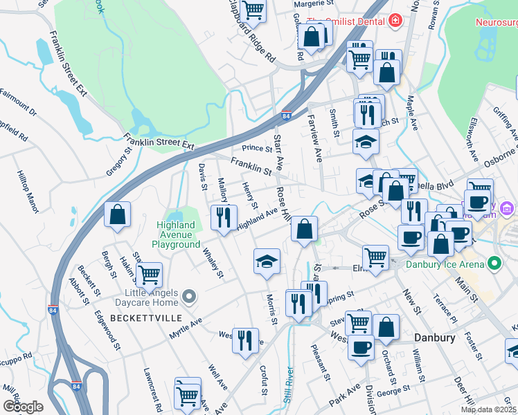 map of restaurants, bars, coffee shops, grocery stores, and more near 5 1/2 Henry Street in Danbury