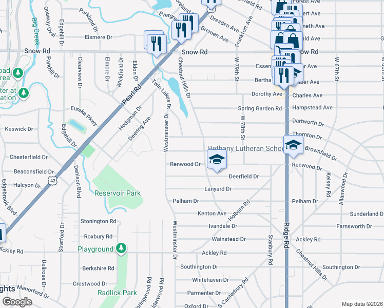 map of restaurants, bars, coffee shops, grocery stores, and more near 8307 Whittington Drive in Parma