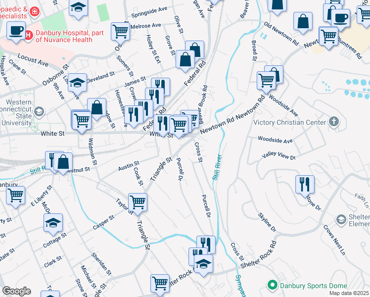 map of restaurants, bars, coffee shops, grocery stores, and more near 178 Triangle Street in Danbury