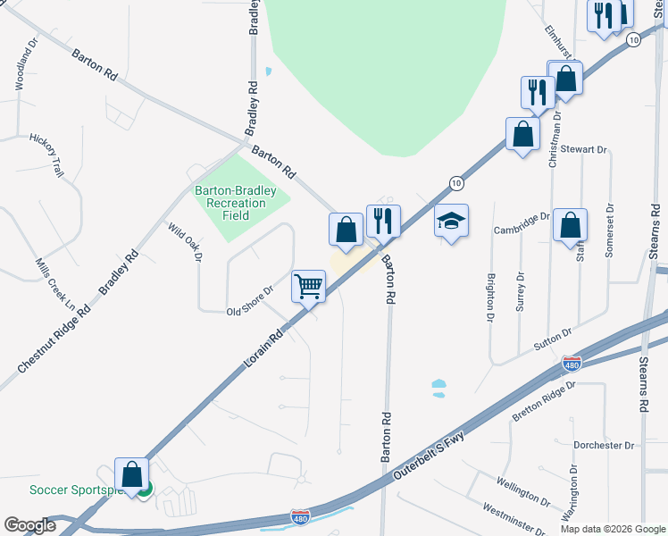 map of restaurants, bars, coffee shops, grocery stores, and more near 30596 Lorain Road in North Olmsted