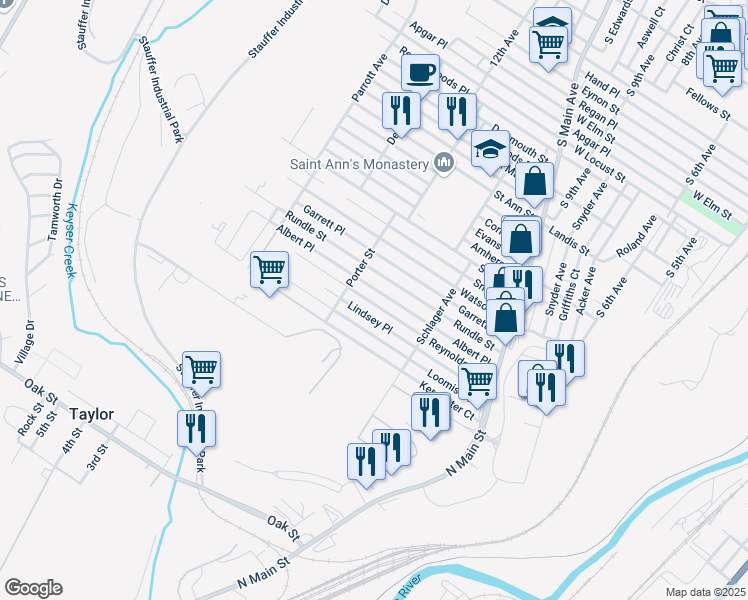 map of restaurants, bars, coffee shops, grocery stores, and more near 1266 Reynolds Avenue in Scranton