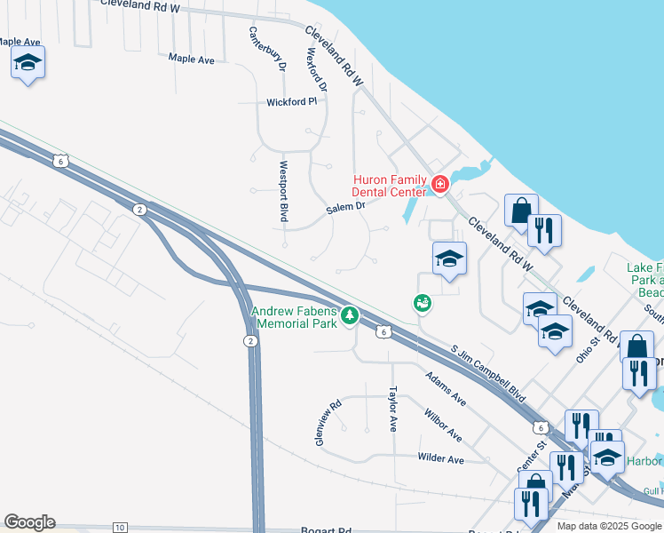 map of restaurants, bars, coffee shops, grocery stores, and more near 704 Strowbridge Drive in Huron