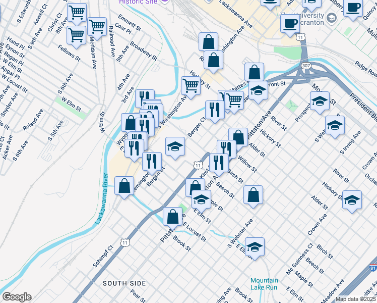 map of restaurants, bars, coffee shops, grocery stores, and more near 315 Neptune Place in Scranton