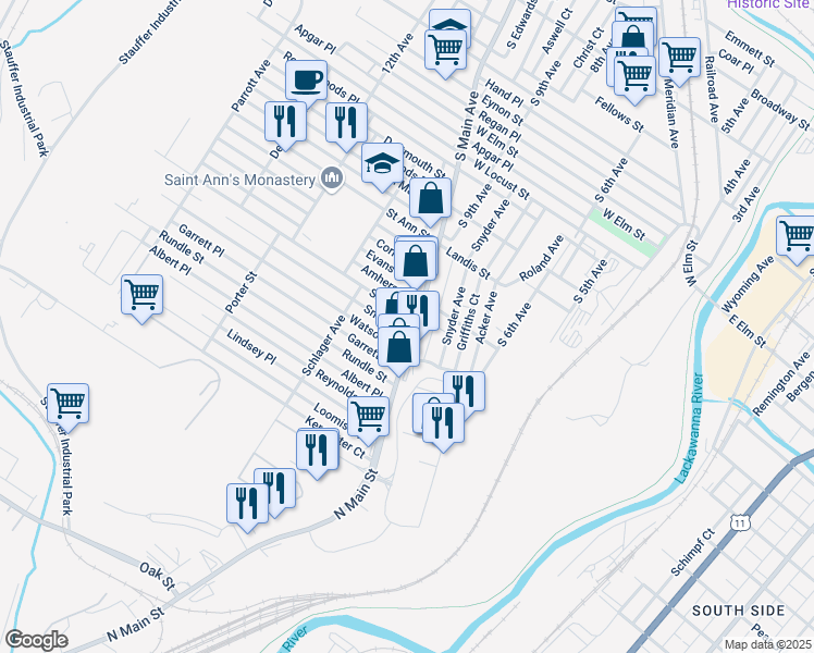 map of restaurants, bars, coffee shops, grocery stores, and more near 1218 South Main Avenue in Scranton