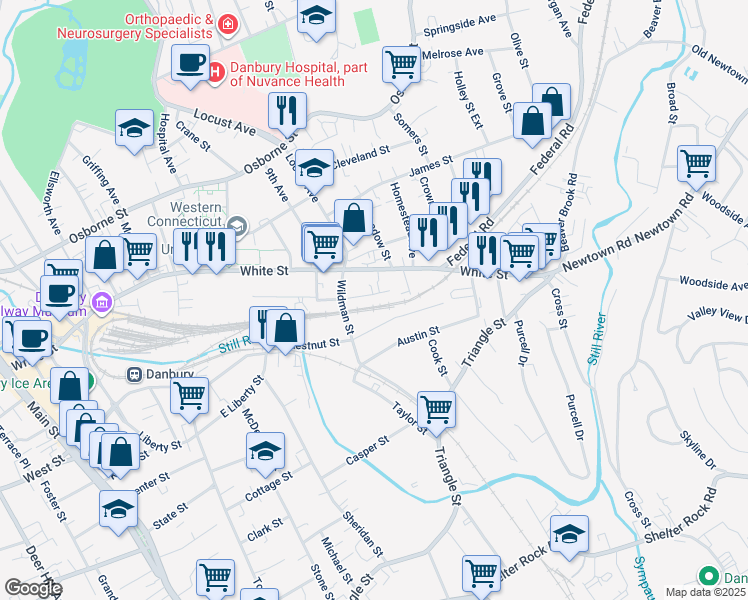map of restaurants, bars, coffee shops, grocery stores, and more near 14 Chappelle Street in Danbury