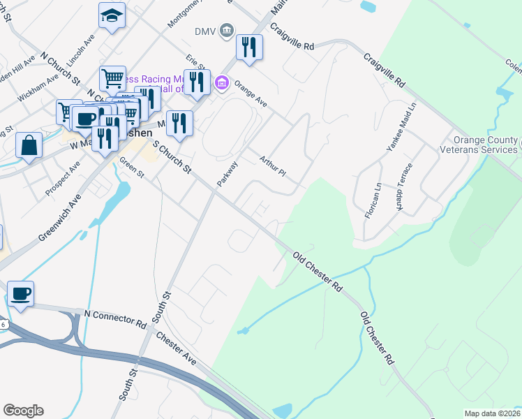 map of restaurants, bars, coffee shops, grocery stores, and more near 6 Walraven Drive in Goshen