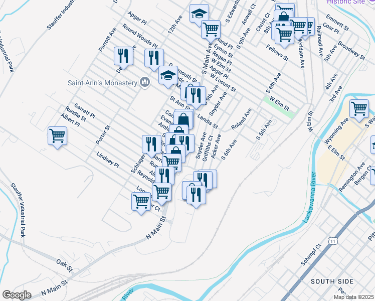map of restaurants, bars, coffee shops, grocery stores, and more near 1218 South Main Avenue in Scranton