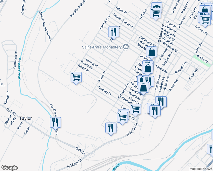 map of restaurants, bars, coffee shops, grocery stores, and more near 1266 Reynolds Avenue in Scranton