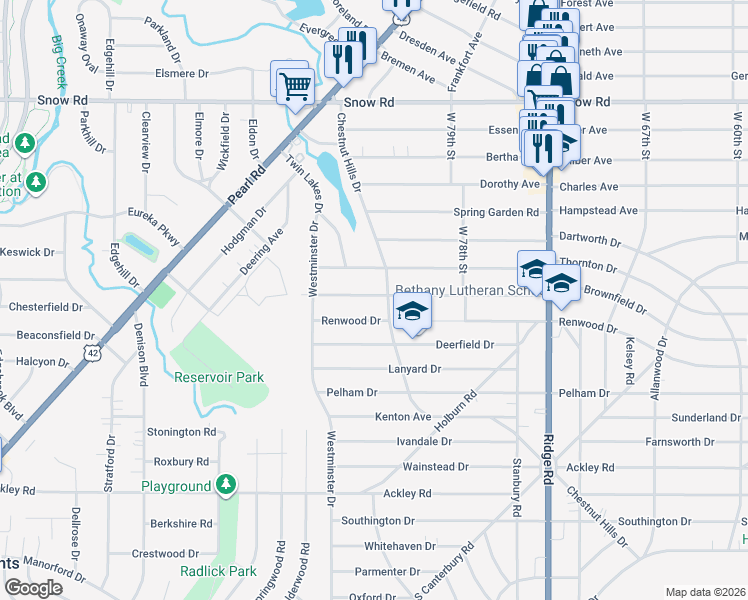 map of restaurants, bars, coffee shops, grocery stores, and more near 8307 Whittington Drive in Parma