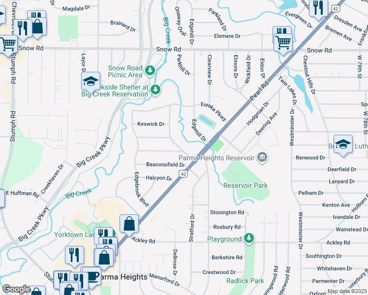 map of restaurants, bars, coffee shops, grocery stores, and more near 6051 Maplecliff Drive in Parma Heights