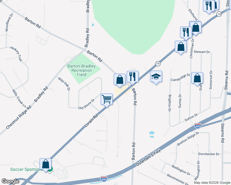 map of restaurants, bars, coffee shops, grocery stores, and more near 30596 Lorain Road in North Olmsted