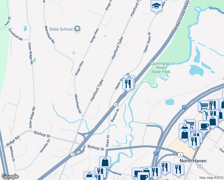 map of restaurants, bars, coffee shops, grocery stores, and more near 23 Upper State Street in North Haven