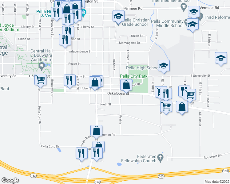 map of restaurants, bars, coffee shops, grocery stores, and more near 308 Oskaloosa Street in Pella